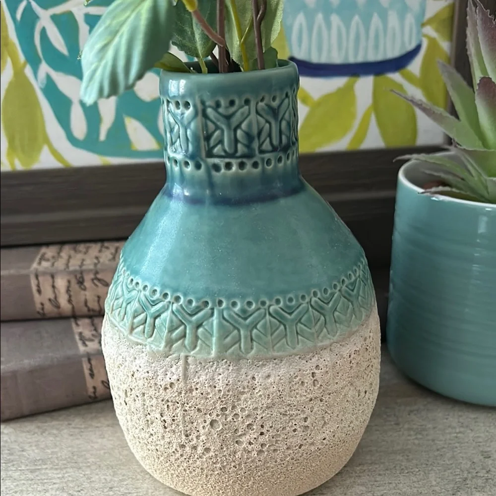 Aqua Blue Turquoise and Beige Textured Ceramic Vase